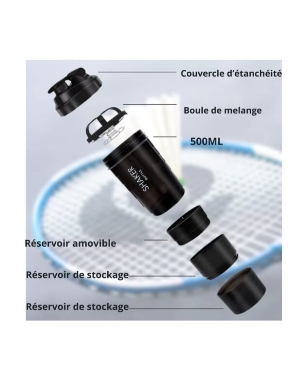 Bouteille Shaker à 3 Couches en Plastique pour Exercice de Musculation, Bouteille d'Eau pour Poudre Shake