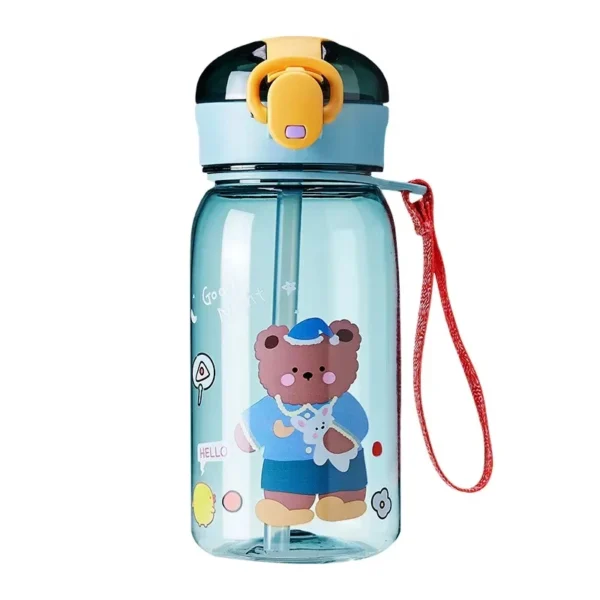 Cartoon teddy bear children's plastic cup, portable for school, outdoor, with rope, one click open cover, summer straw water cup