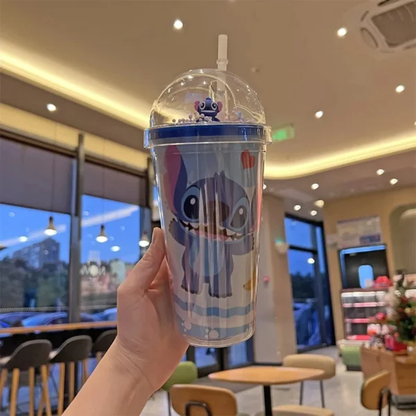 450ML Disney Lilo & Stitch Angel Couple Cartoon Double Layer Plastic Water Cup Drink Straw Mugs Portable Gift for Boy Girl Gift