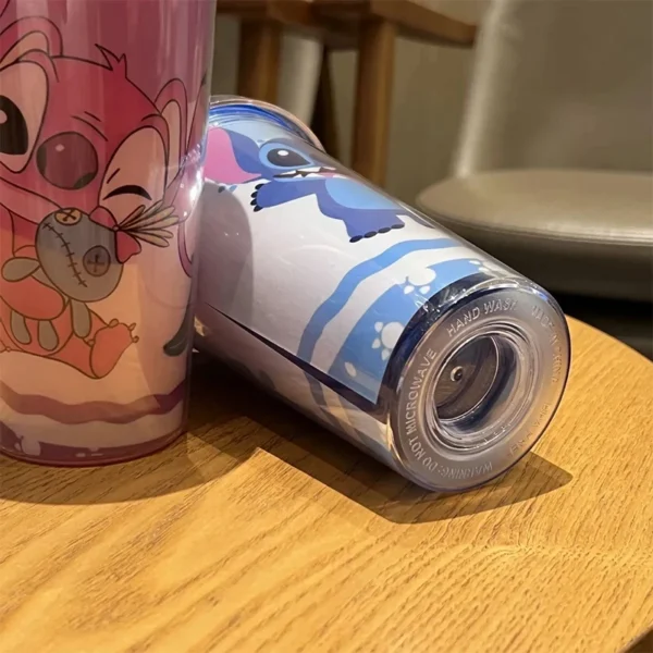 450ML Disney Lilo & Stitch Angel Couple Cartoon Double Layer Plastic Water Cup Drink Straw Mugs Portable Gift for Boy Girl Gift