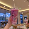 450ML Disney Lilo & Stitch Angel Couple Cartoon Double Layer Plastic Water Cup Drink Straw Mugs Portable Gift for Boy Girl Gift
