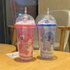 450ML Disney Lilo & Stitch Angel Couple Cartoon Double Layer Plastic Water Cup Drink Straw Mugs Portable Gift for Boy Girl Gift